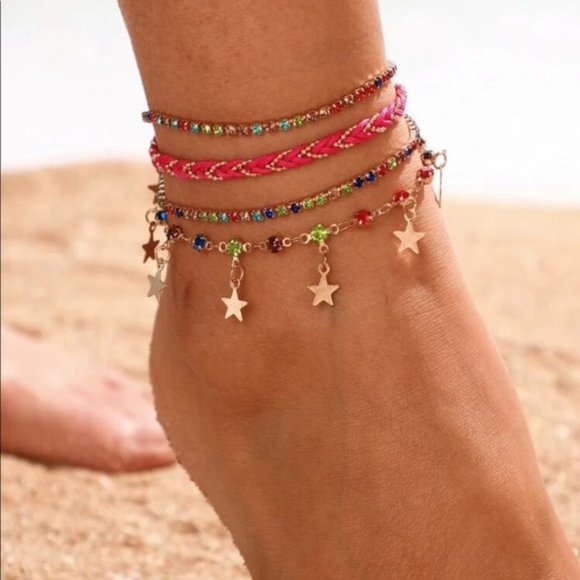 Jewelry - • Kaye • 4 Pc. Rhinestone + Star Anklet Set